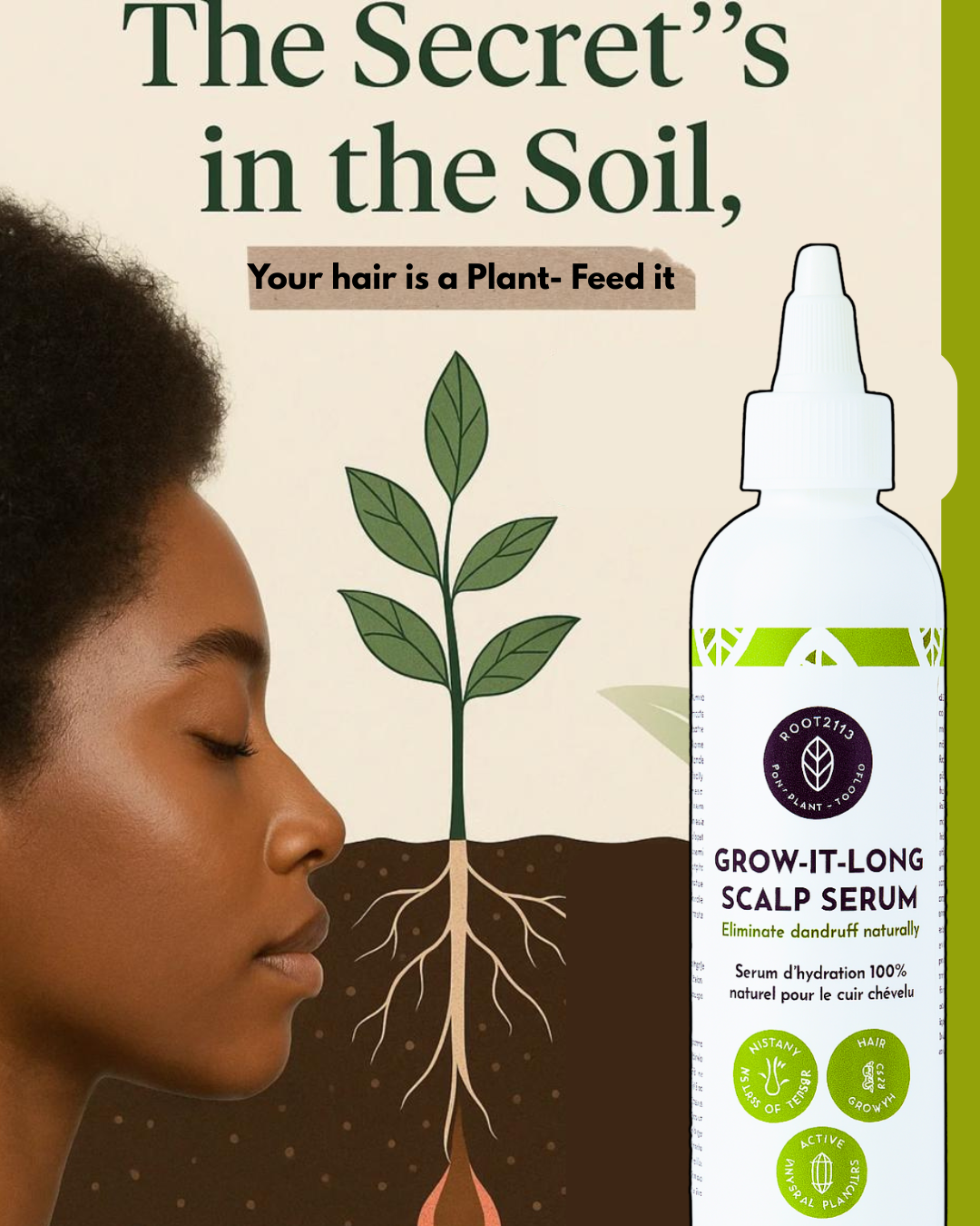 Advertisement for a scalp serum with a woman's face and plant illustration on a beige background.